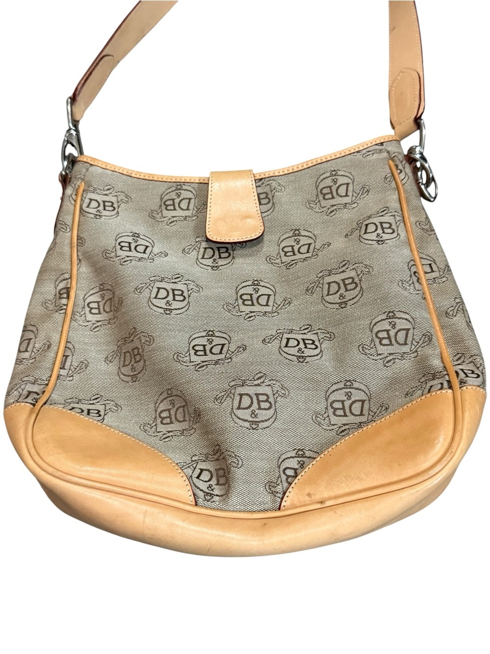 Vintage Dooney & Bourke Beige Logo Shoulder Bag with Tan Leather Trim - Picture 1 of 8